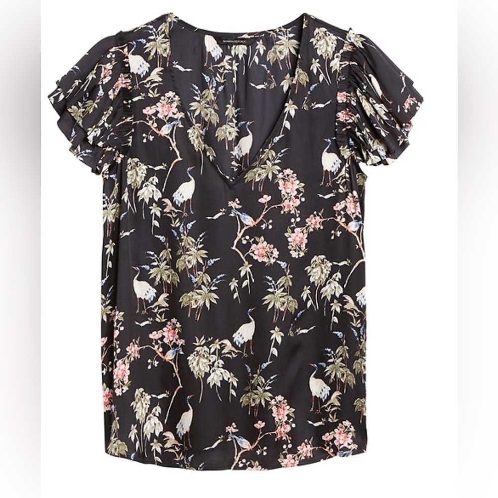 Banana Republic Black Floral Blouse with Ruffle Sleeves